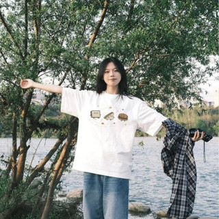 【Wen's Shop🍀臺灣】寬鬆版上衣 短袖上衣 可愛漢堡三明治吐司短袖t恤 三明治漢堡純棉日系t恤短袖棉t 048