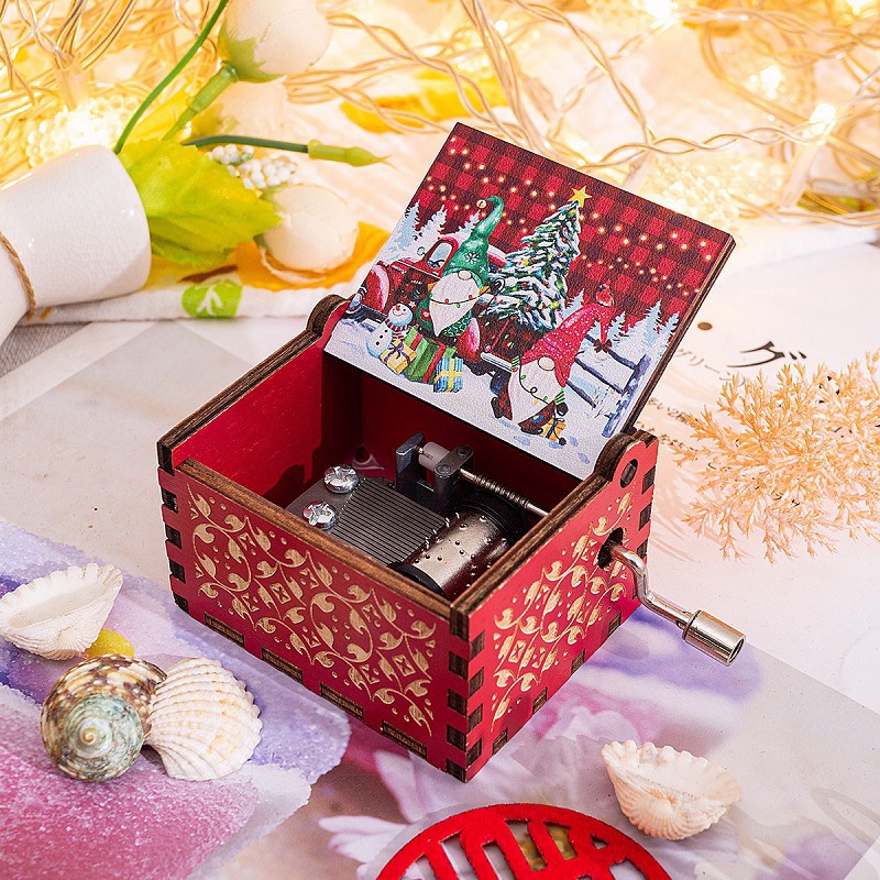 學生聖誕精美禮物木製手搖音樂盒聖誕快樂音樂彩繪音樂盒擺件