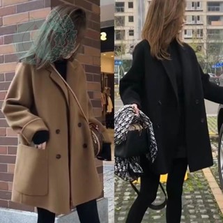 毛呢外套女西裝領毛呢外套純色呢子大衣女中長款外套矮個子外套紐扣外套女韓版赫本風寬松駝色外套黑色外套