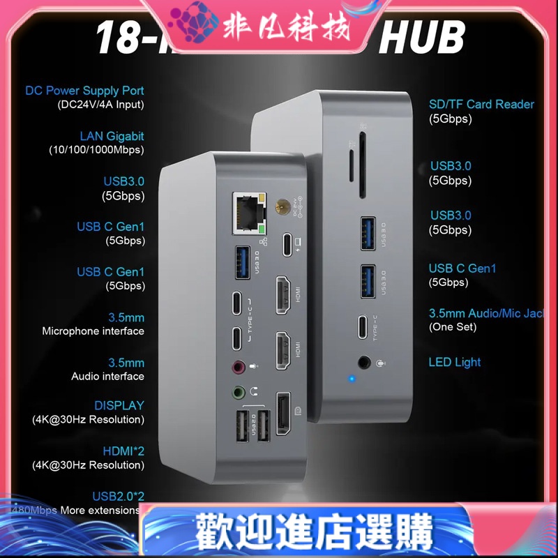 【現貨 秒發】19合一Type-C拓擴展塢4k HDMI/DP頻道PD充電USB HUB支持M1處理器