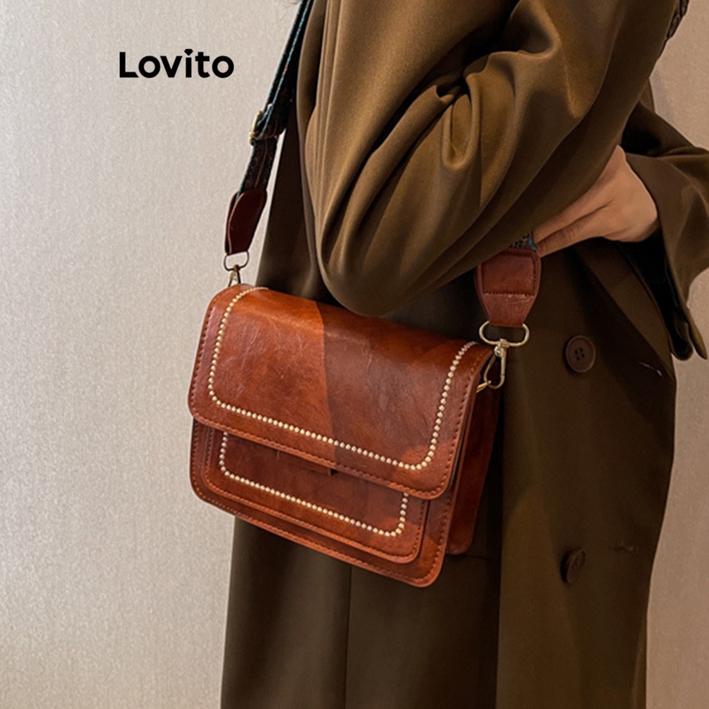 Lovito 休閒素色基本款撞色包邊女款小號斜背包 LFA06030 (棕色)