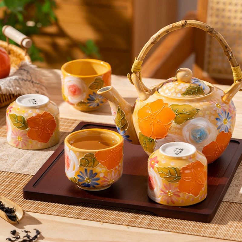 茶壺茶杯組合 茶具全套一整套茶壺國風提樑傢用陶瓷釉下彩茶壺套裝手繪複古壺