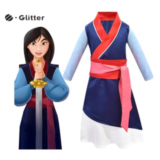 花木蘭兒童服裝女孩藍色裙子腰帶風扇服裝和服電影角色扮演服裝漢服連衣裙萬聖節嘉年華衣服 3 件套