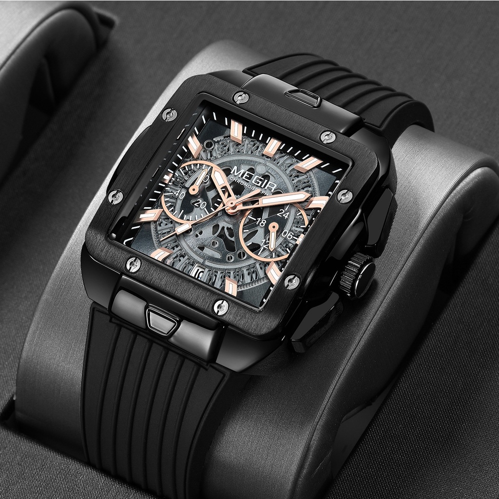 MEGIR新款方形男士手錶  矽膠錶帶時尚多功能計時運動男士石英手錶  2228