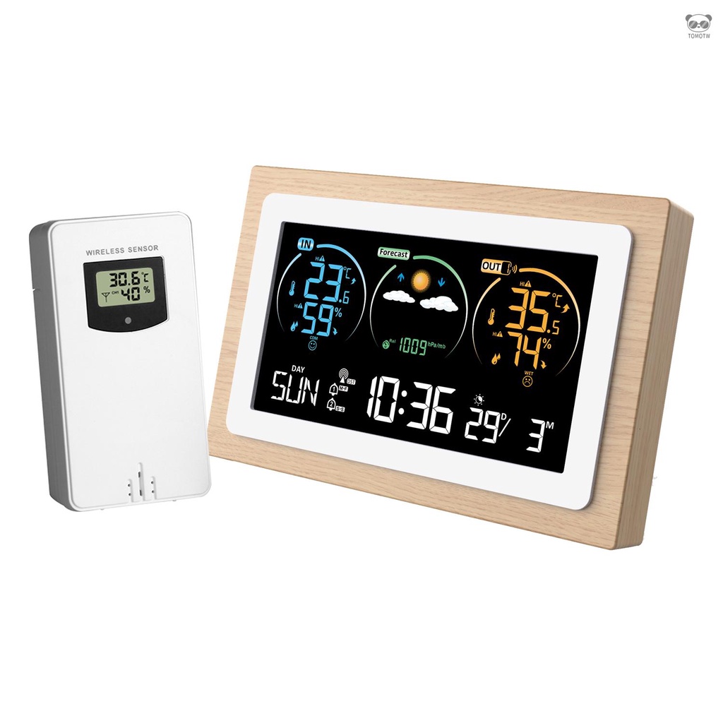 VA彩屏氣象站室內外溫溼度計 帶背光 天氣預報和氣壓計數據顯示 FJ3399C 出貨不帶電池 白色+木色