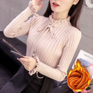 韓版蝴蝶結領帶針織衫女 秋冬新款 長袖修身顯瘦套頭毛衣女 木耳邊設計感內搭打底衫 加絨加厚保暖長袖上衣