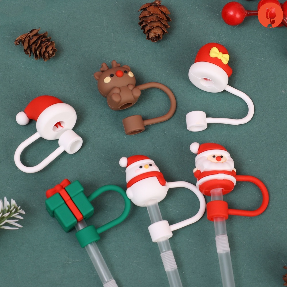 可重複使用的聖誕卡通可愛矽膠吸管套/聖誕老人雪人麋鹿手套形狀娃娃吸管頭帽