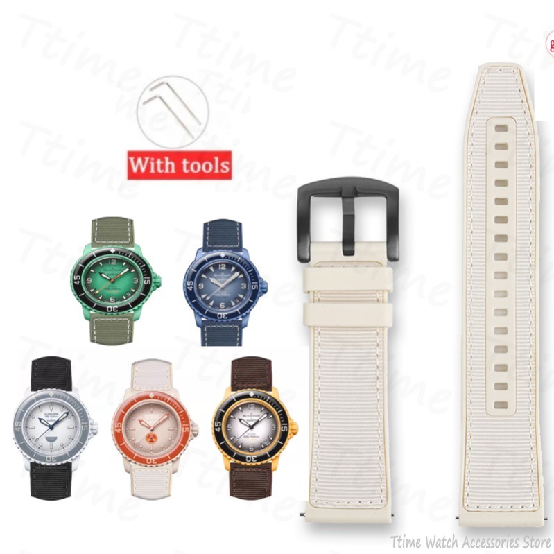 適用於 Blancpain X S-Watch 聯名品牌的耐用帆布橡膠錶帶五十 系列 22 毫米復古矽膠錶帶柔軟運動手錶