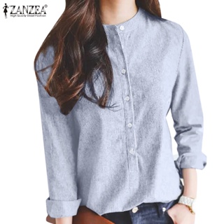 Zanzea 女式韓版時尚長袖休閒立領條紋襯衫