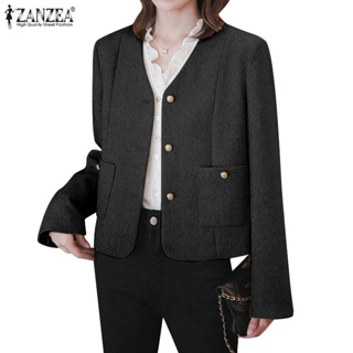 Zanzea 女式韓版時尚 V 領短款長袖口袋開叉外套西裝外套