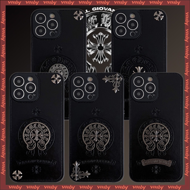 潮流時尚5款金屬擺件chrome Hearts深色系皮質情侶手機殼適用於IPhone15 15Pro 15ProMax