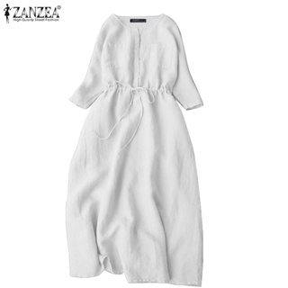 Zanzea 女式韓版純色口袋抽繩圓領七分袖連衣裙