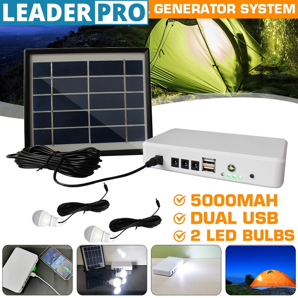 太陽能電池板發電機照明套件 USB 太陽能充電器,帶 2 個 LED 燈泡應急燈 + 5V 1.5A 輸出手機充電器