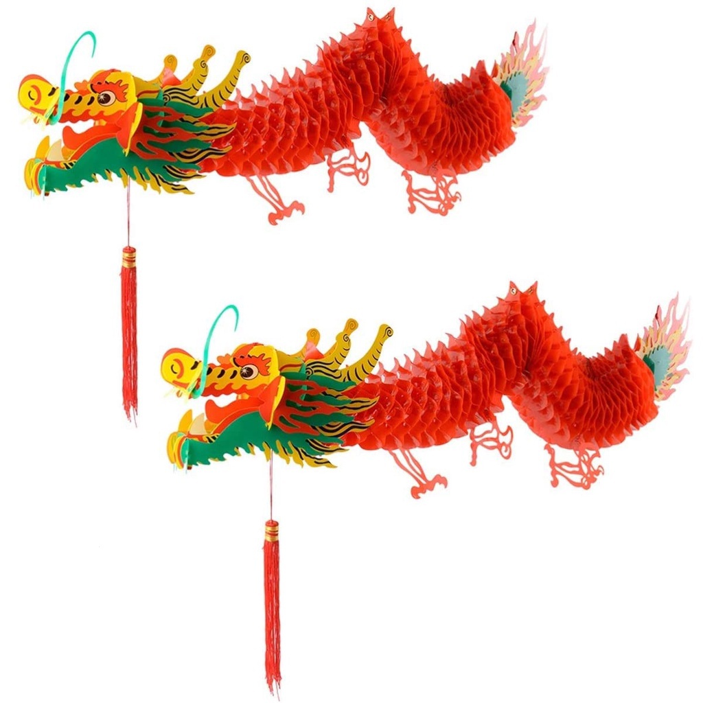 [Uhome]2 件中國新年紅龍花環掛飾防水塑料 3D 燈籠派對裝飾品,0.5M