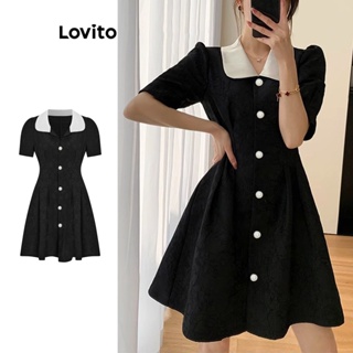 Lovito 女款休閒素色撞色領拼色前紐帶泡泡袖洋裝 L68ED161 (黑色)