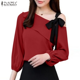 Zanzea 女式韓版時尚荷葉邊拼色肩帶燈籠袖鬆緊袖口襯衫