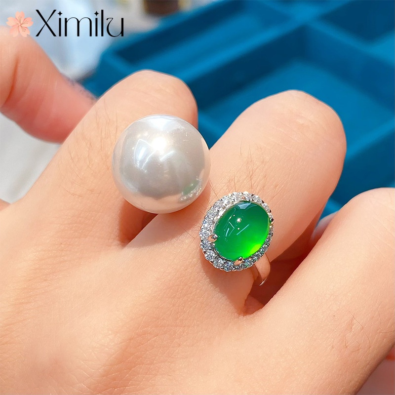 ❤ 原創冰透天然綠玉髓珍珠滿鑽戒指女氣質飾品