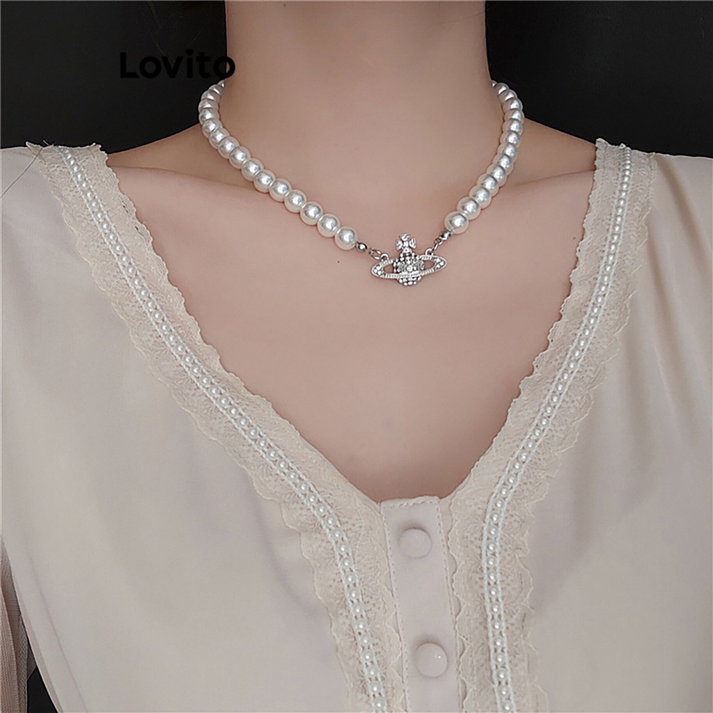 Lovito 女士休閒素色珍珠項鍊 LFA03140 (銀色)