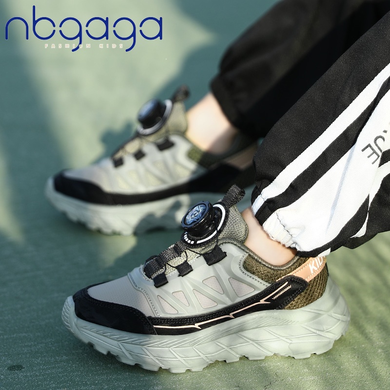 Nbgaga 2024 新款時尚兒童運動鞋男童透氣防水皮革運動鞋帶旋轉按鈕,男童運動鞋