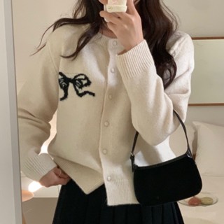 韓版chic減齡復古小眾氣質蝴蝶結素色甜美圓領針織衫小外套外套 女生針織毛衣