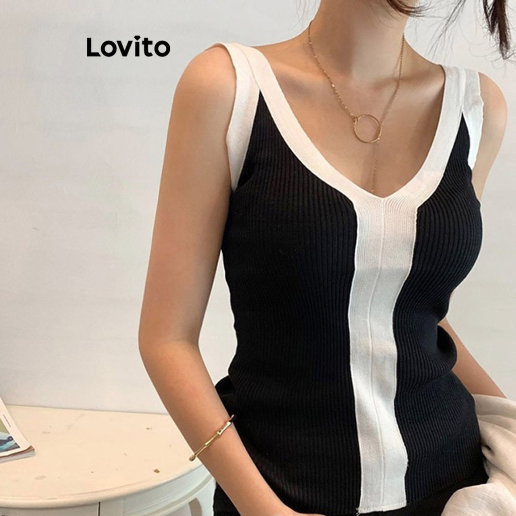 Lovito 女休閒拼色背心 LNL39071 (黑色)