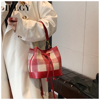 IELGY 女士紅色水桶包 大容量單肩斜挎格紋高級質感手提包