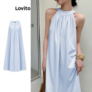 Lovito 女式休閒素色褶襉繫帶洋裝 L62ED145 (淺藍色)