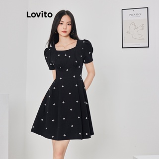 Lovito 女式休閒碎花褶皺方領泡泡袖洋裝 L62ED135 (黑白色)