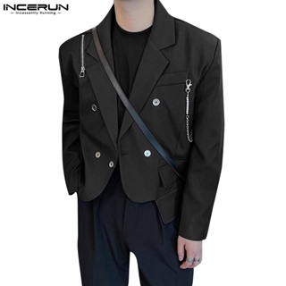 Incerun 男士韓版短款拉鍊純色長袖休閒西裝外套