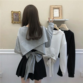 蝴蝶結露背設計感衛衣女 秋季新款 韓版寬松短款上衣 ins潮百搭洋氣女生長袖上衣 甜美純色長袖衛衣 長袖上衣女