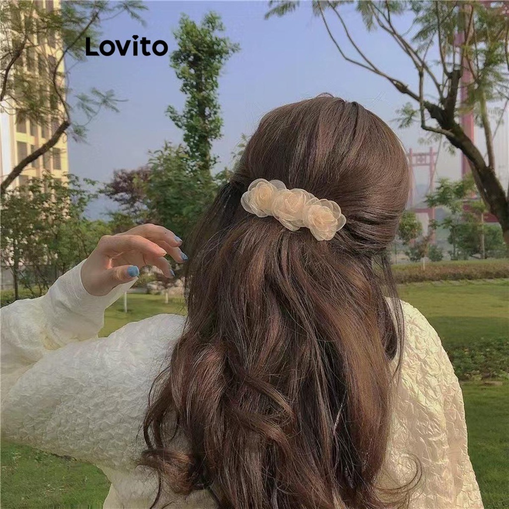 Lovito 女士休閒花卉花朵山茶花髮夾 LFA07105 (白色/香檳色)