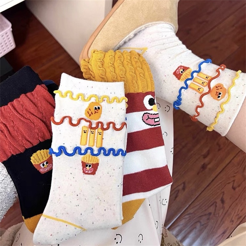 韓國漢堡薯條中筒襪子女搞怪可愛條紋卡通塗鴉襪純棉堆堆襪