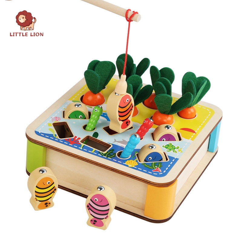 【小獅子】三合一拔蘿蔔釣魚抓蟲遊戲 釣魚遊戲 木製 木製兒童早教玩具 鍛鍊手眼協調益智互動玩具 益智玩具