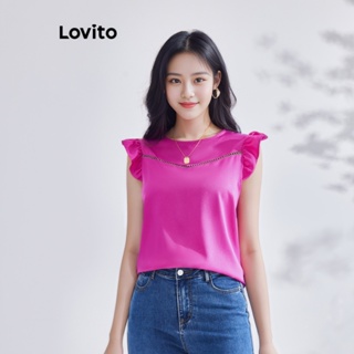 Lovito 優雅素色面料拼接木耳邊前拉鍊帶口袋女式襯衫 LBE03074 (玫紅色)