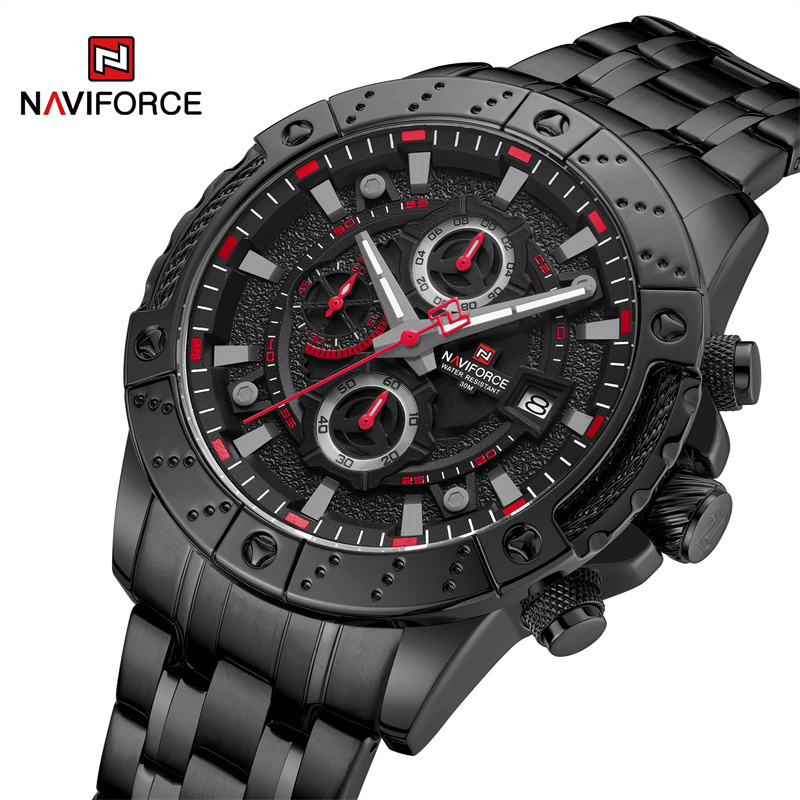 Naviforce 男士手錶軍用簡約防水男時鐘不銹鋼錶帶夜光日曆石英腕錶