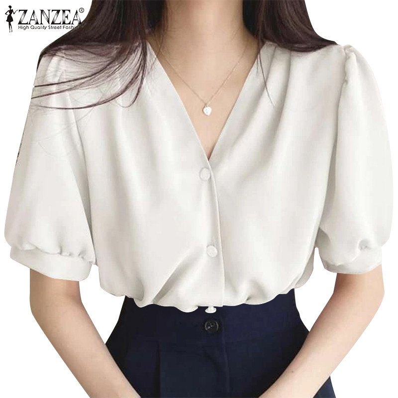 Zanzea 女式韓版休閒時尚純色 V 領短袖門襟襯衫