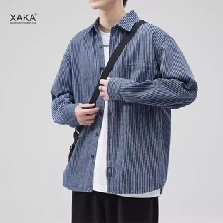 時尚潮流韓國男士休閒襯衫條紋印花大碼中性長袖襯衫