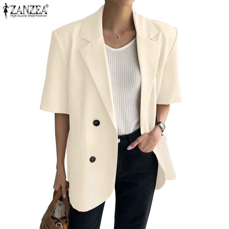 Zanzea 女式韓版短袖 V 領系扣寬鬆辦公西裝外套