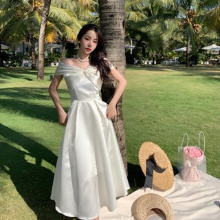 【出貨快速】高品質洋裝XS-XL法式小眾禮服女平時可穿白色仙女連衣裙蝴蝶結一字領抹胸拍照長裙洋裝魯夫禮服洋裝