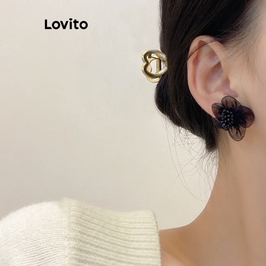 Lovito 女士優雅花卉花朵耳環 LFA08012 (黑色)
