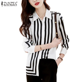 Zanzea 女式韓版時尚不規則條紋設計長袖襯衫