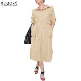Zanzea 女式複古襯衫領長袖口袋鈕扣腰帶寬鬆連衣裙