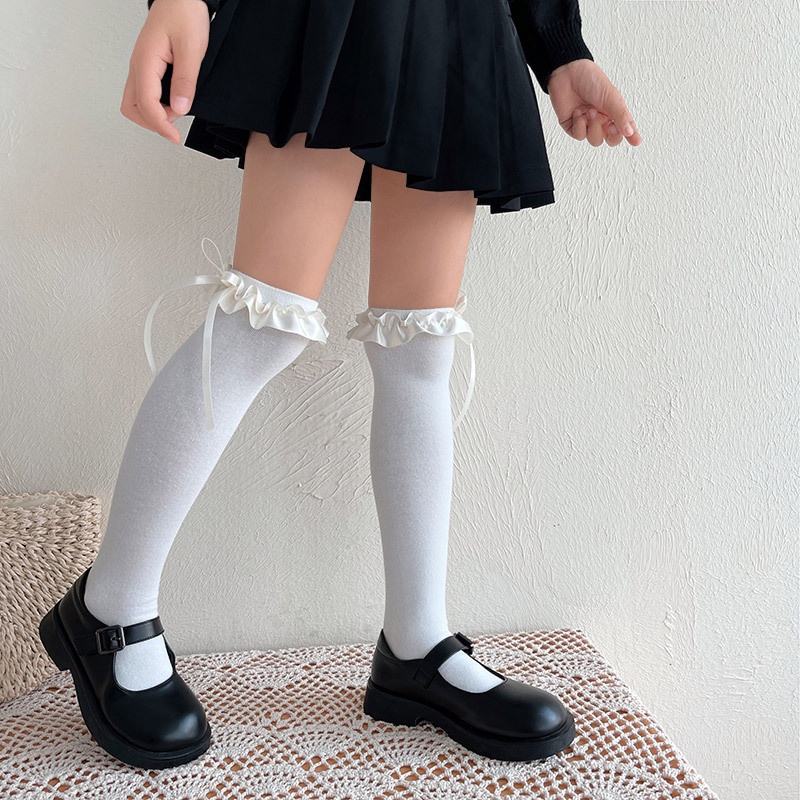 hotmoon日系新品綢緞花邊蝴蝶結女兒童寶寶長筒大腿棉襪舞蹈襪