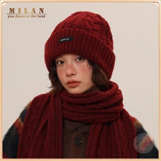 MILAN 紅色針織毛線帽女冬季復古麻花編織加厚保暖護耳帽素色羊毛套頭冷帽