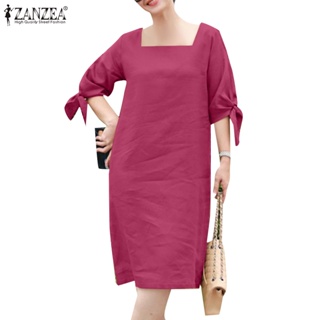 Zanzea 女士復古日常休閒純色方領連衣裙