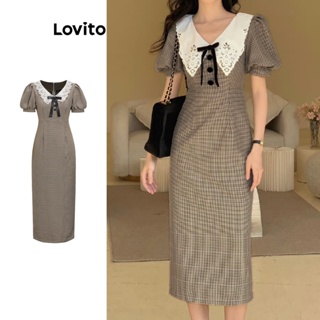 Lovito 女士休閒格紋蕾絲蝴蝶結鈕扣洋裝 L58AD092 (棕色)