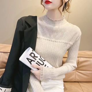 【ELLAS】半高領上衣 針織毛衣女秋冬新款洋氣蕾絲拼接鏤空長袖針織打底衫女內搭短款上衣 女裝 衣服