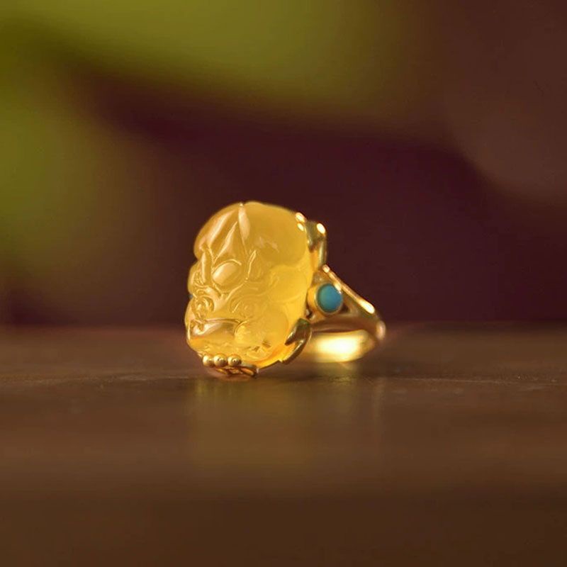 古金工藝鑲嵌天然黃玉髓貔貅戒指女復古精緻民族風飾品