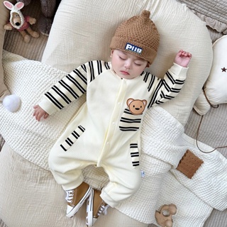 春秋新款男嬰女童長袖連體衣0-24個月新生兒華夫格面料可愛小熊拼接設計長袖連身外套韓版