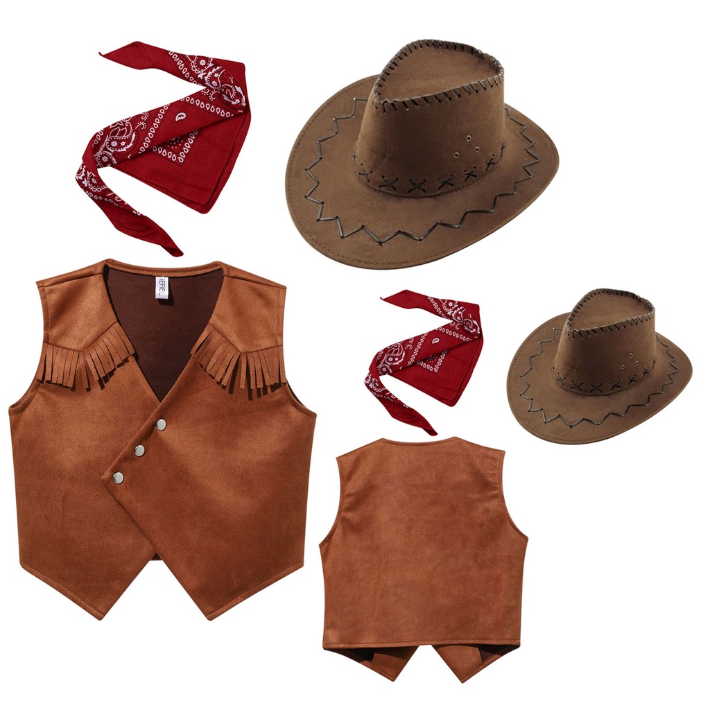 兒童男孩棕色西部牛仔角色扮演派對服裝按鈕尖下擺流蘇背心配頭巾和毛氈抽繩帽子